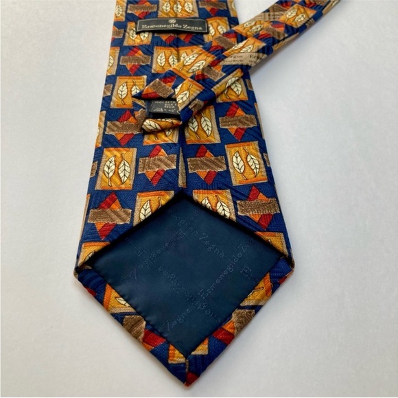 ERMENEGILDO ZEGNA Blue & Orange Autumn Flora Geometric Classic All Silk Tie - Picture 2 of 6
